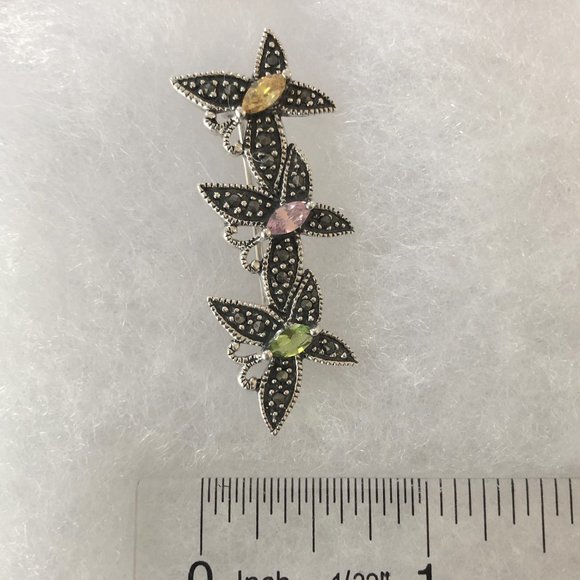 Sterling Silver Marcasite Butterflies Pin w/Green, Pink & Yellow Faceted Crystal - Picture 4 of 6
